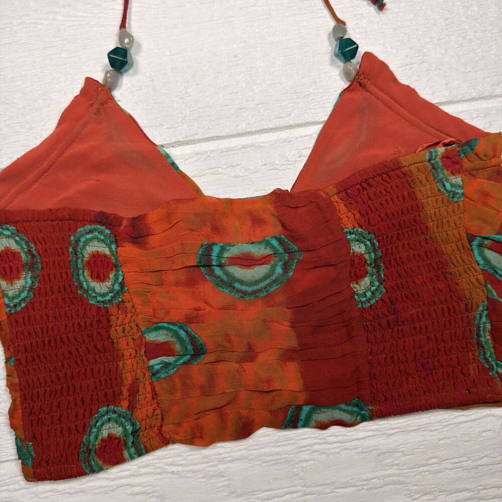 Zara Boho Festival Halter Crop Top Tie Dye Rust Teal Beaded Smocked Small NWT - Picture 11 of 16